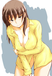 Rule 34 | 1girl, amagami, arm grab, blush, breasts, cleavage, closed mouth, commentary request, dress shirt, hair down, half-closed eyes, large breasts, leaning forward, long hair, long sleeves, looking at viewer, naked shirt, partially unbuttoned, sasaki akira (ugc), shirt, smile, solo, standing, sweat, tsukahara hibiki, yellow shirt