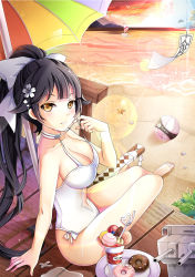 Rule 34 | 1girl, arm support, azur lane, barefoot, beach, black hair, boat, bow, breasts, casual one-piece swimsuit, cleavage, collarbone, doughnut, flower, food, gyaza, hair bow, hair flower, hair ornament, high ponytail, highres, large breasts, long hair, looking at viewer, ocean, one-piece swimsuit, orange eyes, outdoors, shiny skin, sitting, smile, solo, swimsuit, takao (azur lane), takao (beach rhapsody) (azur lane), very long hair, watercraft, white bow, white flower, white one-piece swimsuit