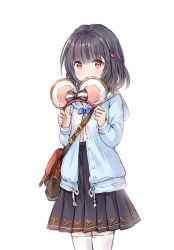 Rule 34 | 1girl, animal ears, bag, black bow, black hair, black skirt, blue bow, blue bowtie, blue jacket, blush, bow, bowtie, fake animal ears, granblue fantasy, hair ornament, hairband, holding, hood, hood down, hooded jacket, jacket, long sleeves, looking at viewer, mouse ears, open clothes, open jacket, pleated skirt, red eyes, red hairband, shirt, shoulder bag, simple background, skirt, sleeves past wrists, solo, striped, striped bow, thighhighs, vikala (granblue fantasy), wataame27, white background, white shirt, white thighhighs
