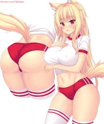 Rule 34 | 1girl, animal ear fluff, animal ears, ass, bent over, blonde hair, breast hold, breasts, brown eyes, buruma, commentary, covered erect nipples, cowboy shot, groin, gym shirt, highres, large breasts, long hair, looking at viewer, multiple views, navel, nottytiffy, open mouth, original, patreon username, red buruma, shirt, short sleeves, sidelocks, simple background, skindentation, slit pupils, standing, tail, thighhighs, thighs, tiffy (nottytiffy), white background, white shirt, white thighhighs