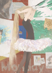 Rule 34 | 1girl, adjusting hair, arms behind head, arms up, athletic leotard, ballerina, black leotard, black pantyhose, blonde hair, brown eyes, child, closed mouth, colorful, drawing, drawing (object), expressionless, feet out of frame, flat chest, frilled skirt, frills, from side, hair behind ear, hair pulled back, highres, leg up, leotard, long hair, looking away, matayoshi, multicolored background, original, pantyhose, profile, short sleeves, skirt, solo, standing, stirrup legwear, toeless legwear, turtleneck, tutu, tying hair, very long hair, white skirt