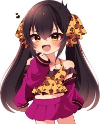 Rule 34 | 1girl, absurdres, animal print, arm behind back, black hair, blush, clenched hand, collarbone, commentary, cowboy shot, hair between eyes, hair ribbon, hand up, heart, heart necklace, highres, idolmaster, idolmaster cinderella girls, jacket, jewelry, leopard print, long hair, long sleeves, looking at viewer, maju risa, matoba risa, miniskirt, navel, necklace, open mouth, pink jacket, pink skirt, pleated skirt, ribbon, shirt, sidelocks, skirt, smile, smug, solo, strap slip, tank top, twintails, v-shaped eyebrows, white background, yellow eyes, yellow ribbon, yellow shirt