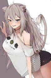 Rule 34 | 1girl, absurdres, animal ears, black shorts, blush, breasts, collarbone, ear piercing, eye contact, frayed clothes, grey eyes, grey hair, hair between eyes, highres, hololive, large breasts, leaning forward, lion ears, lion girl, lion tail, long hair, looking at another, looking at viewer, messy hair, off shoulder, open mouth, piercing, shirt, shirt overhang, shishiro botan, shishiro botan (casual), short shorts, short sleeves, shorts, simple background, single bare shoulder, smile, solo, t-shirt, tail, teeth, tomboy, very long hair, virtual youtuber, white background, white shirt, yukirei