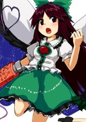 Rule 34 | 1girl, arm cannon, bad id, bad pixiv id, bow, brown hair, cape, dai-erie, hair bow, heart, heart of string, long hair, open mouth, red eyes, reiuji utsuho, simple background, skirt, solo, third eye, touhou, weapon, white background, wings