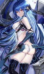 Rule 34 | 1girl, absurdres, age fx, ahoge, ass, azur lane, bare shoulders, black gloves, black thighhighs, blue hair, breasts, butt crack, cleavage, dress, elbow gloves, gloves, hair between eyes, hands on own hips, headgear, helena (azur lane), helena (meta) (azur lane), highres, long hair, looking at viewer, medium breasts, red eyes, sleeveless, smile, solo, thighhighs, very long hair, white dress