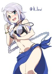 Rule 34 | 1girl, adapted costume, ahoge, bikini, black bikini, blue eyes, blue sarong, bracelet, braid, breasts, cleavage, front-tie top, hair flaps, hair tie, highres, jewelry, kagari liroi, kantai collection, long hair, looking at viewer, mole, mole under eye, parted bangs, sarong, silver hair, simple background, single braid, solo, swimsuit, twitter username, umikaze (kancolle), very long hair, white background