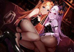 Rule 34 | 2girls, :q, abigail williams (fate), animal ears, ankle strap, ass, bare shoulders, black bow, black footwear, black hairband, black leotard, black neckwear, blonde hair, blue eyes, blurry, blurry background, blurry foreground, blush, bottle, bow, bowtie, breasts, brown legwear, cleavage, closed mouth, collar, commentary request, couch, cup, depth of field, detached collar, drinking glass, dual persona, dutch angle, fake animal ears, fate/grand order, fate (series), fingernails, hair between eyes, hair bow, hairband, high heels, highres, indoors, leotard, long hair, multiple girls, nahaki, orange bow, pale skin, pantyhose, parted bangs, playboy bunny, polka dot, polka dot bow, purple hair, rabbit ears, red eyes, shoe soles, shoes, signature, small breasts, smile, strapless, strapless leotard, stuffed animal, stuffed toy, teddy bear, tongue, tongue out, very long hair, white collar, wine bottle, wine glass, wing collar, wrist cuffs