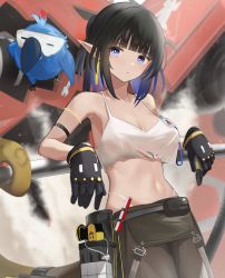 Rule 34 | 1girl, absurdres, arknights, arm strap, bare shoulders, black gloves, black hair, blue eyes, blue hair, blunt bangs, breasts, camisole, cleavage, crop top, eunectes (arknights), eunectes (forgemaster) (arknights), gloves, high priest (arknights), highres, looking at viewer, midriff, multicolored hair, navel, nokke o, official alternate costume, pants, pointy ears, pouch, short hair, solo, spaghetti strap, stomach