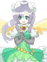 Rule 34 | 1girl, :d, bad id, bad pixiv id, black gloves, black hair, blush, dress, elbow gloves, fur trim, gloves, green dress, green eyes, interlocked fingers, long hair, open mouth, own hands clasped, own hands together, pocket watch, ponytail, puzzle &amp; dragons, simple background, smile, solo, verdandi (p&amp;d), watch, white background, wings, yamanashi taiki