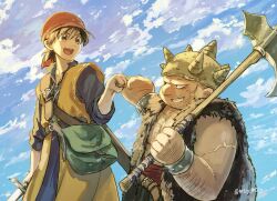 Rule 34 | 2boys, :d, axe, bandana, belt, blue sky, brown eyes, brown hair, cloud, commentary request, dragon quest, dragon quest viii, fist bump, green bag, hero (dq8), highres, holding, holding axe, holding sword, holding weapon, macho ojiji, male focus, multiple boys, open mouth, orange bandana, outdoors, scar, scar on arm, scar on face, short hair, sky, smile, spiked helmet, sword, teeth, upper teeth only, weapon, yangus