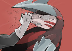 Rule 34 | 1other, anger vein, animal focus, black shirt, blade, clenched hand, clenched teeth, constricted pupils, creatures (company), excadrill, from side, game freak, gen 5 pokemon, gerigoo, gloves, hand on another&#039;s face, hand up, highres, injury, long sleeves, nintendo, pokemon, pokemon (creature), profile, red background, shirt, simple background, solo focus, teeth, upper body, white gloves