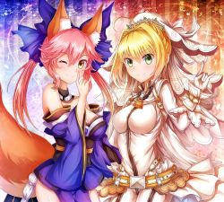 Rule 34 | 10s, 2girls, ahoge, animal ears, belt, blonde hair, bodysuit, breasts, chain, cleavage, detached sleeves, fate/extra, fate/extra ccc, fate/grand order, fate (series), flower, fox ears, fox tail, gloves, green eyes, hair flower, hair ornament, hair ribbon, japanese clothes, large breasts, lock, looking at viewer, multiple girls, nero claudius (bride) (fate), nero claudius (fate), nero claudius (fate), one eye closed, padlock, pink hair, ribbon, smile, soda (sodachuxd), tail, tamamo no mae (fate/extra), veil, yellow eyes, zipper