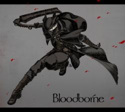 Rule 34 | 1boy, belt, black capelet, black gloves, blood, bloodborne, boots, brown belt, brown coat, brown eyes, brown footwear, brown pants, capelet, coat, commentary request, copyright name, gloves, grey background, grey hair, hat, highres, holding, holding weapon, kamezaemon, leg up, letterboxed, looking at viewer, male focus, mask, mouth mask, outstretched leg, pants, saw, saw cleaver, short hair, signature, solo, tricorne, very short hair, weapon