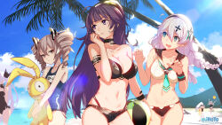 +_+ 6+girls ball barcode barcode_tattoo bare_shoulders beach beachball bikini black_bikini blue_eyes blue_one-piece_swimsuit blue_sky bow breasts bronya_zaychik cleavage cloud cloudy_sky collarbone contrapposto cowboy_shot day drill_hair drooling flat_chest grey_eyes grey_hair hair_bow hair_ornament hairband highres honkai_(series) honkai_impact_3rd hugging_object kiana_kaslana large_breasts lens lips long_hair low_twintails multiple_girls navel official_art one-piece_swimsuit outdoors palm_tree parted_lips purple_eyes purple_hair raiden_mei sailor_bikini sailor_collar school_swimsuit second-party_source sky sparkling_eyes standing strapless strapless_bikini stuffed_animal stuffed_toy sunlight swimsuit tattoo thigh_gap tree twin_drills twintails twirling_hair white_hair wristband zombie_(honkai_impact)