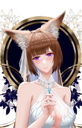 Rule 34 | 1girl, absurdres, amagi (azur lane), animal ear fluff, azur lane, brown hair, center opening, cocktail dress, criss-cross halter, dress, evening gown, frozen-sad, halterneck, highres, jewelry, long hair, looking at viewer, necklace, purple eyes, simple background, sleeveless, sleeveless dress, solo, upper body, white background, white dress