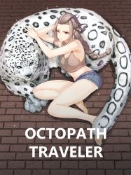 Rule 34 | 1girl, alternate costume, animal, bare shoulders, blonde hair, braid, breasts, contemporary, floor, green322, h&#039;aanit (octopath traveler), highres, long hair, looking at viewer, octopath traveler, octopath traveler i, shorts, solo, tank top, tiger