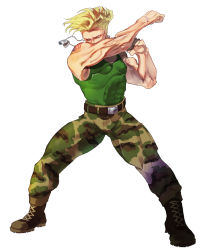 Rule 34 | 1boy, abs, american flag, american flag tattoo, bare shoulders, belt, blonde hair, blue eyes, boots, capcom, commentary request, dog tags, fighting stance, flattop, full body, furrowed brow, green tank top, guile, highres, male focus, mature male, military, muscular, muscular male, pants, short hair, shoulder tattoo, solo, street fighter, tanakalma, tank top, tattoo, thighs, veins