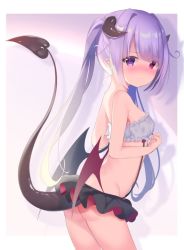 Rule 34 | 1girl, ass, asymmetrical wings, bandeau, bare arms, bare shoulders, black skirt, black wings, blush, breasts, closed mouth, commentary request, curled horns, demon girl, demon horns, demon tail, demon wings, from side, hair intakes, heterochromia, horns, long hair, looking at viewer, looking to the side, miniskirt, mismatched wings, nose blush, original, pleated skirt, purple eyes, purple hair, red wings, sidelocks, skirt, small breasts, solo, standing, strapless, tail, tail raised, twintails, usagimiko, very long hair, white bandeau, wings
