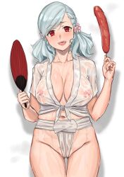 Rule 34 | 1girl, absurdres, blush, breasts, cleavage, cleft of venus, collarbone, covered erect nipples, cowboy shot, female pubic hair, flower, food, fundoshi, girls&#039; frontline, groin, hair flower, hair ornament, hand fan, highres, holding, holding fan, japanese clothes, kuro (zhurunbo1997), large breasts, long hair, looking at viewer, mizu happi, nipples, open mouth, paper fan, pubic hair, red eyes, sausage, see-through, shirt, smile, solo, spas-12 (girls&#039; frontline), uchiwa, wet, wet clothes, wet shirt