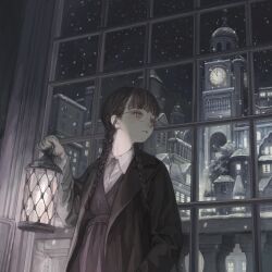 Rule 34 | 1girl, black coat, black hair, blunt bangs, braid, building, city, clock, clock tower, coat, collared shirt, commentary, expressionless, from below, glasses, grey eyes, hand in pocket, hand up, highres, holding, holding lantern, hotatenshi, indoors, lantern, long hair, long sleeves, looking afar, looking to the side, low twin braids, night, night sky, original, parted lips, round eyewear, scenery, shirt, sky, snowing, solo, standing, tower, twin braids, twintails, upper body, white shirt, window, winter