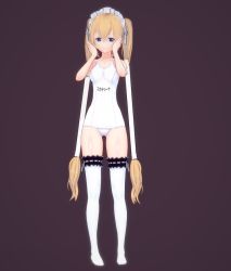 Rule 34 | 1girl, 3d, blonde hair, blue eyes, breasts, ekaterina kurae, female focus, full body, long hair, looking at viewer, one-piece swimsuit, seikon no qwaser, simple background, small breasts, solo, standing, swimsuit, thighhighs, twintails, white one-piece swimsuit, white thighhighs