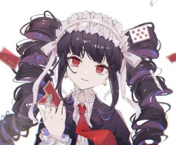 Rule 34 | 1girl, bell, bell earrings, black hair, black jacket, black nails, card, celestia ludenberg, claw ring, commentary request, danganronpa: trigger happy havoc, danganronpa (series), drill hair, earrings, frills, gothic lolita, hair ribbon, highres, holding, jacket, jewelry, lolita fashion, long hair, long sleeves, nail polish, necktie, parted lips, red eyes, red necktie, ribbon, sidelocks, signature, simple background, solo, twin drills, twintails, upper body, white background, white ribbon, yue (shemika98425261)