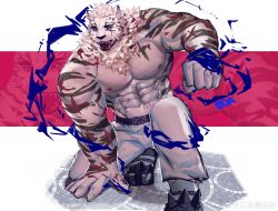 Rule 34 | 1boy, 8da (29204249), abs, absurdres, animal ears, arknights, bara, black pants, black sclera, colored sclera, fighting stance, full body, furry, furry male, highres, large pectorals, looking at another, male focus, mountain (arknights), muscular, muscular male, navel, nipples, on one knee, pants, pectorals, scar, scar across eye, scar on arm, scar on face, scar on stomach, sharp teeth, short hair, solo, stomach, stylized blood, teeth, tiger boy, tiger ears, tongue, tongue out, topless male, white fur, white hair, white pants