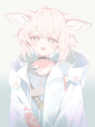 Rule 34 | 1girl, absurdres, animal ear fluff, animal ears, arknights, blonde hair, blue eyes, blue vest, bright pupils, commentary, fox ears, gradient background, grey background, highres, hood, hooded jacket, jacket, kujou koto, looking at viewer, material growth, open mouth, oripathy lesion (arknights), short hair, simple background, smile, solo, sussurro (arknights), upper body, vest, white jacket, white pupils