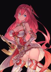 Rule 34 | 1girl, armor, atorosu, black background, blue eyes, breasts, cleavage, cleavage cutout, clothing cutout, contrapposto, cowboy shot, gauntlets, godsworn alexiel, granblue fantasy, greaves, headpiece, highres, long hair, looking at viewer, panties, pantyshot, pink hair, pleated skirt, simple background, skirt, solo, standing, sword, thighhighs, underwear, upskirt, very long hair, weapon, white panties, wind, wind lift