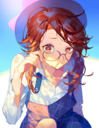 Rule 34 | 1girl, brown hair, collared shirt, glasses, hat, long hair, long sleeves, looking at viewer, red eyes, shirt, sitting, solo, sweat, touhou, unbuttoned, unbuttoned shirt, usami sumireko, wet, wet clothes, white shirt, yamakawa