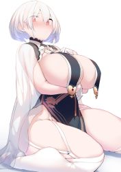 Rule 34 | 1girl, absurdres, arm under breasts, azur lane, black dress, blush, breast curtains, breast hold, breast suppress, breasts, center opening, china dress, chinese clothes, cleavage, closed mouth, commentary, curvy, dress, embarrassed, eyes visible through hair, full body, garter straps, gloves, hair between eyes, half gloves, hand on own chest, highres, huge breasts, inumonekomoku, looking at viewer, official alternate costume, pelvic curtain, red eyes, revealing clothes, see-through, shawl, short hair, sideboob, silver hair, simple background, sirius (azur lane), sirius (azure horizons) (azur lane), sitting, solo, thick thighs, thighhighs, thighs, wariza, white background, white gloves, white thighhighs