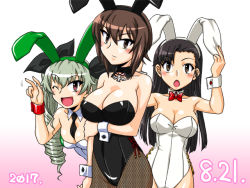 Rule 34 | 10s, 3girls, animal ears, arm grab, asymmetrical bangs, black hair, black legwear, black leotard, black necktie, black ribbon, bow, bowtie, breast hold, breasts, brown eyes, cleavage, closed mouth, commentary request, dated, detached collar, drill hair, fake animal ears, fishnet pantyhose, fishnets, girls und panzer, gradient background, graphite (medium), green hair, hair ribbon, leotard, light frown, long hair, looking at viewer, medallion, medium breasts, millipen (medium), multiple girls, necktie, nishizumi maho, one eye closed, oosaka kanagawa, open mouth, pantyhose, peeking out, pink background, playboy bunny, rabbit ears, red bow, red bowtie, red eyes, ribbon, shiny skin, short hair, side-tie leotard, smile, standing, strapless, strapless leotard, traditional media, twin drills, twintails, upper body, waving, white leotard, wrist cuffs