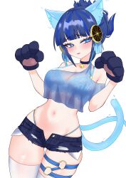 Rule 34 | 1girl, absurdres, animal ears, animal hands, bell, bikini, bikini under clothes, blue eyes, blue hair, breasts, cat ears, cat tail, crop top, denim, denim shorts, duel monster, gloves, highres, midriff, navel, neck bell, ni-ni the mirror mikanko, oldsickkim, paw gloves, see-through, see-through shirt, short hair, shorts, solo, swimsuit, tail, thigh strap, yu-gi-oh!