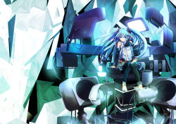 Rule 34 | arm support, barefoot, blue eyes, blue hair, bridal gauntlets, chair, hatsune miku, hatsune miku (append), highres, hoippu, long hair, monitor, necktie, sitting, smile, solo, speaker, thighhighs, twintails, vocaloid, vocaloid append