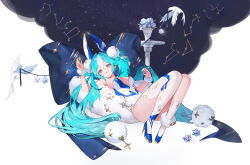 1girl alternate_costume animal_ears aqua_hair aqua_nails aquarius_(constellation) asymmetrical_legwear bird blue_bow blue_eyes blue_footwear bow breasts capricorn_(constellation) clothing_cutout constellation fake_animal_ears fur_anklet fur_wrist_cuffs gemini_(constellation) hatsune_miku high_heels highres leo_(constellation) leotard libra_(constellation) long_hair lying medium_breasts mismatched_legwear multicolored_hair nail_polish navel_cutout on_back parted_lips playboy_bunny rabbit_ears sagittarius_(constellation) scorpius_(constellation) sidelocks single_thighhigh soha_(littlesummerpe) solo stellated_octahedron strapless strapless_leotard thighhighs twintails two-tone_hair two-tone_leotard very_long_hair vocaloid white_bird white_hair wrist_cuffs