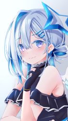 Rule 34 | 1girl, absurdres, amane kanata, amane kanata (work), bare shoulders, black dress, black gloves, blue hair, blush, closed mouth, dress, gloves, grey hair, hair ornament, hairclip, halo, highres, hololive, lassu558, looking at viewer, multicolored hair, partially fingerless gloves, purple eyes, simple background, smile, solo, two-tone hair, upper body, virtual youtuber, white background