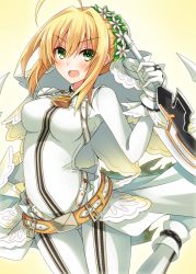 Rule 34 | 10s, 1girl, ahoge, ankle cuffs, bell, belt, blonde hair, blush, bodysuit, breasts, buckle, chain, eyebrows, fate/extra, fate/extra ccc, fate/grand order, fate (series), flower wreath, full-length zipper, gloves, green eyes, head wreath, holding, holding sword, holding weapon, jewelry, komori kuzuyu, looking at viewer, nero claudius (bride) (fate), nero claudius (fate), nero claudius (fate) (all), pendant, short hair, sidelocks, simple background, skin tight, solo, standing, standing on one leg, sword, thigh gap, veil, weapon, white gloves, yellow background, zipper