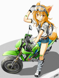 Rule 34 | 1girl, :d, animal ears, fox ears, fox tail, goggles, goggles on head, kawasaki, motor vehicle, motorcycle, open mouth, punto, shorts, smile, solo, tail, vehicle