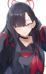 Rule 34 | black gloves, black hair, black sailor collar, blue archive, bow, chankuro, choker, closed eyes, gloves, grey eyes, hairpods, halo, hand up, highres, ichika (blue archive), long hair, neck, one eye closed, red bow, sailor collar, school uniform, smile, standing, white background