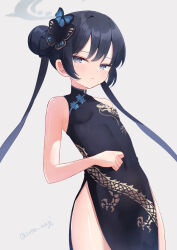Rule 34 | 1girl, bare shoulders, black dress, black hair, blue archive, breasts, butterfly hair ornament, china dress, chinese clothes, covered navel, double bun, dress, grey eyes, hair bun, hair ornament, halo, highres, kisaki (blue archive), long hair, sese nagi, side slit, signature, small breasts, twintails, twitter username