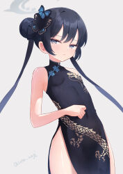 1girl bare_shoulders black_dress black_hair blue_archive braid braided_bun breasts butterfly_hair_ornament china_dress chinese_clothes covered_navel double_bun dress grey_eyes hair_bun hair_ornament halo highres kisaki_(blue_archive) long_hair sese_nagi side_slit signature small_breasts twintails twitter_username