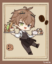 Rule 34 | 1boy, alban knox, antenna hair, apron, baguette, black eyes, bread, brown hair, cake, cake slice, chibi, coffee beans, collared shirt, commentary, cookie, cup, drink, food, full body, green eyes, hair ornament, heterochromia, holding, holding plate, long sleeves, looking at viewer, lucio (lucioooo38), male focus, nijisanji, nijisanji en, open mouth, pants, plate, shirt, short hair, smile, solo, teacup, teapot, vest, virtual youtuber, waist apron, waiter