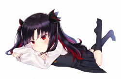 Rule 34 | 1girl, black hair, black ribbon, black skirt, black socks, black vest, commentary request, dutch angle, fate/grand order, fate (series), feet up, full body, hair ribbon, ishtar (fate), itsumi mita, kneehighs, long hair, long sleeves, looking at viewer, lying, multicolored hair, on stomach, parted bangs, pleated skirt, red eyes, red hair, ribbon, school uniform, shirt, simple background, skirt, socks, solo, space ishtar (fate), two-tone hair, two side up, v-shaped eyebrows, very long hair, vest, white background, white shirt
