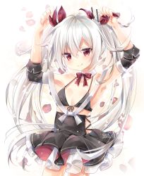 Rule 34 | 1girl, :q, arms up, azur lane, bare shoulders, belt, bikini, bikini top only, black bikini, black dress, blush, bow, bowtie, closed mouth, collar, collarbone, commentary request, cowboy shot, detached collar, detached sleeves, dress, fingernails, front-tie bikini top, front-tie top, hair between eyes, hair ornament, hair ribbon, highres, kurun (kurun777), long hair, looking at viewer, petals, red bow, red bowtie, red eyes, red ribbon, ribbon, sidelocks, silver hair, smile, solo, swimsuit, tongue, tongue out, twintails, vampire (azur lane), very long hair, white belt, white collar