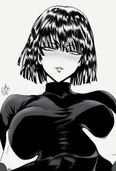 Rule 34 | 1girl, absurdres, artist name, blush, breasts, fubuki (one-punch man), grabbing, grabbing another&#039;s breast, grey background, greyscale, groping, highres, large breasts, lips, monochrome, mostlybluewyatt, one-punch man, out of frame, parted lips, short hair, signature, simple background, smile, upper body