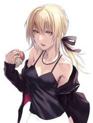 Rule 34 | 1girl, applekun, artoria pendragon (all), artoria pendragon (fate), black jacket, black ribbon, black shirt, black shorts, blonde hair, breasts, burger, cleavage, fate/grand order, fate/stay night, fate (series), food, hair between eyes, hair ribbon, highres, holding, holding food, jacket, saber alter (ver. shinjuku 1999) (fate), jewelry, looking at viewer, medium breasts, necklace, official alternate costume, open mouth, ribbon, saber alter, shirt, shorts, simple background, solo, upper body, white background, yellow eyes