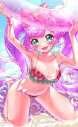 Rule 34 | 1girl, armband, arms up, bare legs, bare shoulders, barefoot, beach, bikini, blue eyes, blush, bow, collarbone, eyelashes, female focus, food print, hair bow, heart, heart-shaped eyewear, highres, holding, holding swim ring, innertube, lens flare, long hair, looking at viewer, manaka laala, midriff, moukinui, navel, open mouth, outdoors, pink bow, pretty series, pripara, purple hair, red bikini, seiza, shore, sitting, smile, solo, stomach, strawberry print, sunglasses, sunglasses on head, swim ring, swimsuit, thighs, toes, transparent innertube, twintails, very long hair, water