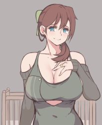 Rule 34 | 1girl, bare shoulders, bow, breasts, buttons, cleavage, collarbone, covered navel, cradle, folait, hair bow, jewelry, large breasts, mature female, mole, mole under eye, off shoulder, original, ponytail, ring, short hair, solo