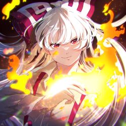 Rule 34 | 1girl, absurdres, bow, collared shirt, fire, fujiwara no mokou, hair bow, highres, long hair, looking at viewer, mokoiscat, ofuda, red eyes, shirt, smirk, solo, suspenders, touhou, upper body, white hair, white shirt