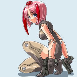 Rule 34 | 10s, 1girl, bad id, bad pixiv id, blue eyes, breasts, busou shinki, dd (ijigendd), doll joints, female focus, full body, gun, joints, juvisy, pink hair, solo, thighhighs, weapon
